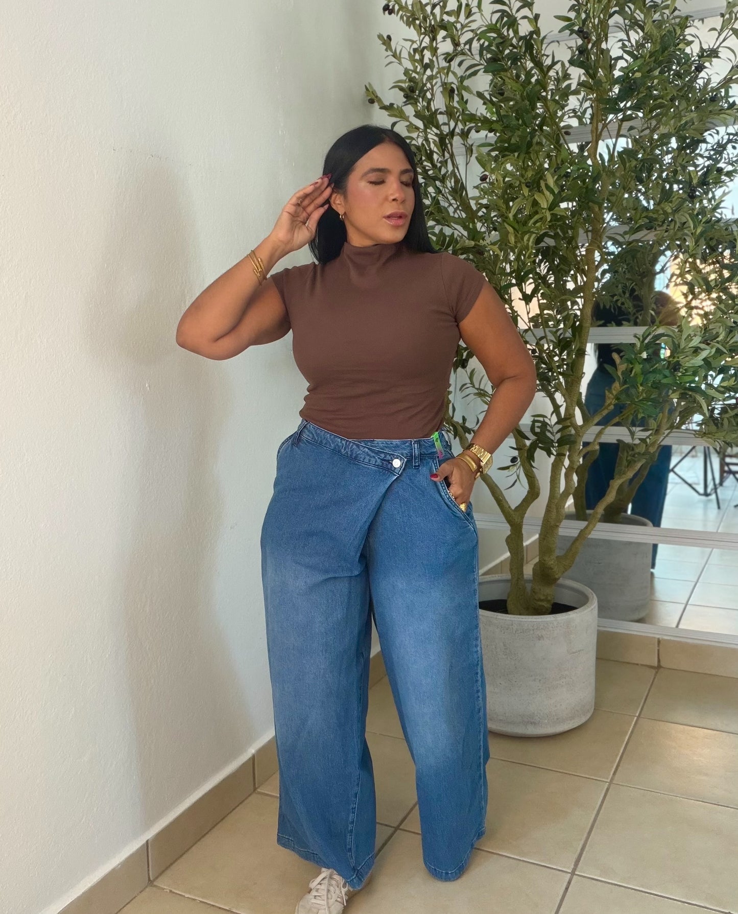 Vbrant Asimètrico Spandex Wide Leg Jeans Blue