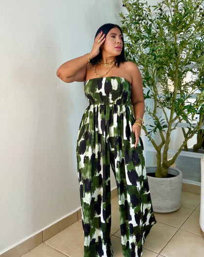Darimar Wide Leg Spandex De Lujo Jumpsuit (tiene bolsillos y no zipper ni botones Choco Green and White  lìneas Beige. Tiene bolsillos