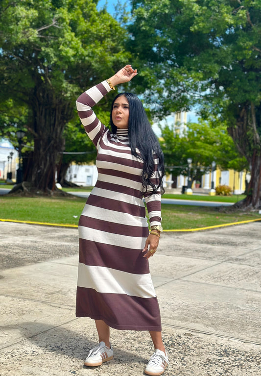 Chic Choco and Cream Stripe Midi Dress (Mega Spandex y Mega liviano)