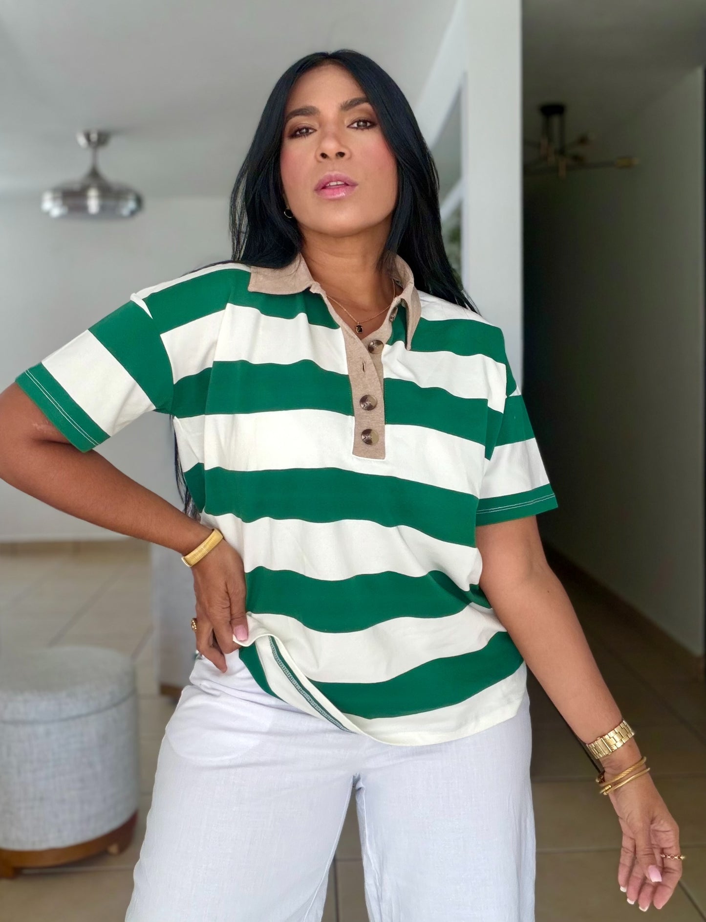 Hunter Green and White Luxe Spandex Mega Premium Striped Polo Shirt (SOLD OUT)