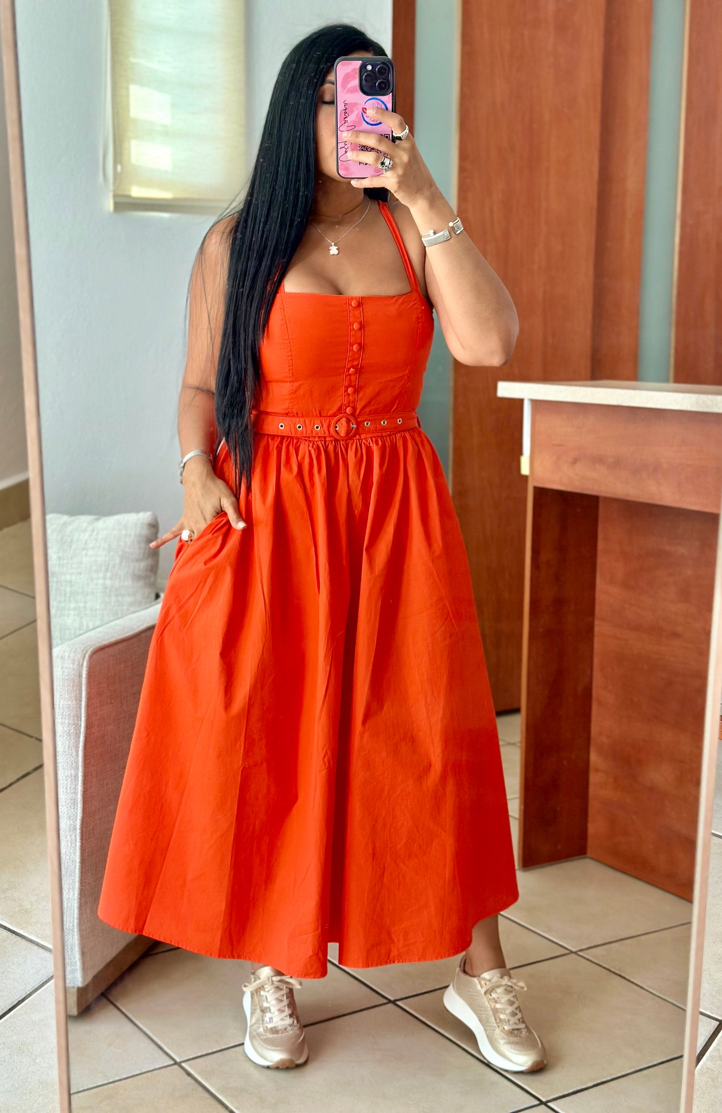 June Vibes Orange Midi Dress (cinturón incluído) Premium Collection