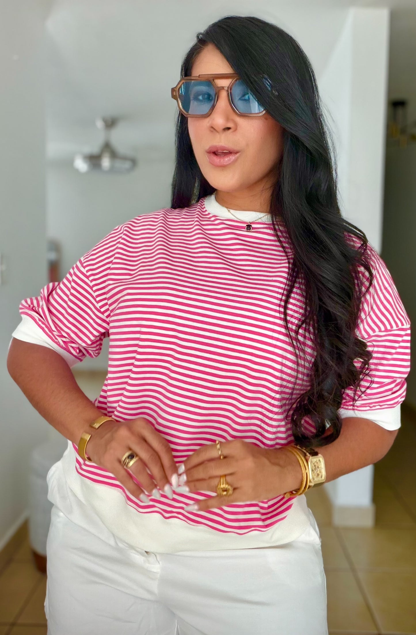 Striped Hot Pink and White Cotton Spandex Blusón