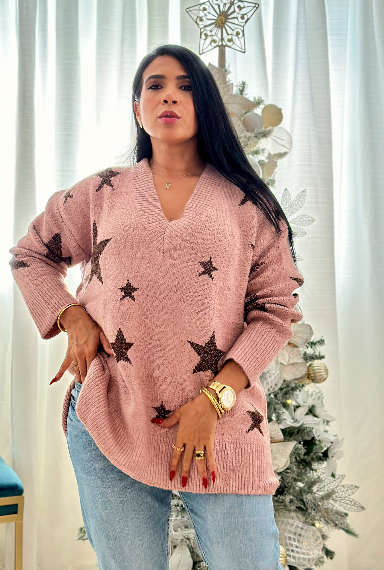 Alúmbrame Luxury Oversized Stars Sweater Tunic Top