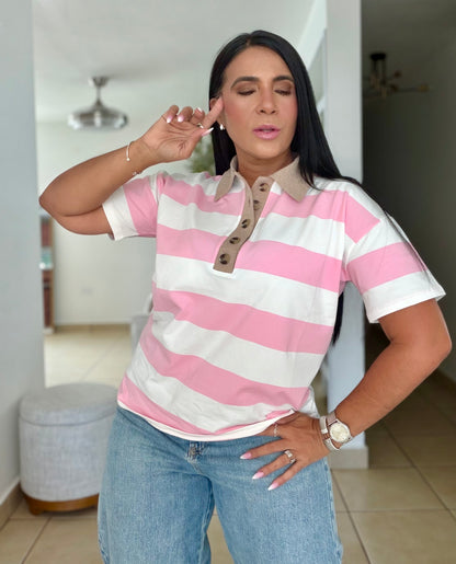 Pink Pink Striped Spandex Polo Top De Lujo (PRE ORDEN) SOLD OUT