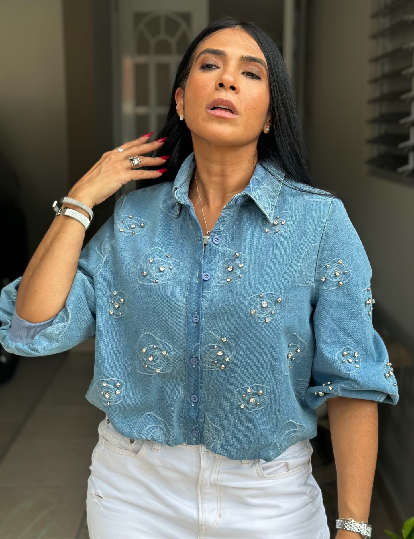 Vieri Bien Spandex Y Cómoda DENIM Top Light Blue