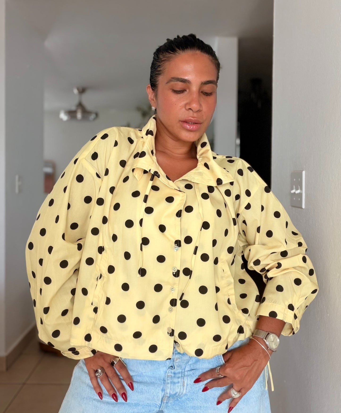 Bomber Top/Jacket Liviano Premium Butter Yellow Polka Dots (tiene bolsillos)