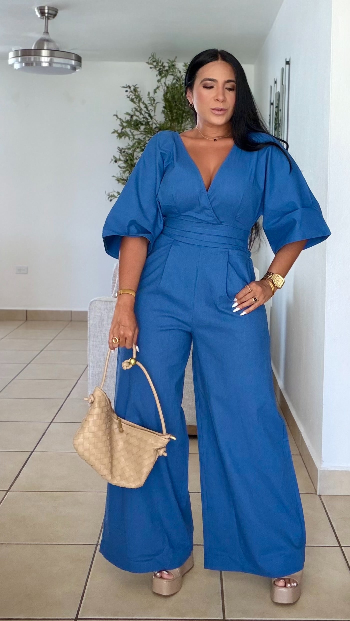 Bello Blue (azul) Bien Spandex Wide Leg Jumpsuit (tiene bolsillos)