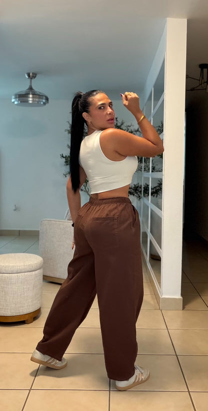 Choco Brown Baggy Spandex Barrel Pants With Pockets (puesto small)