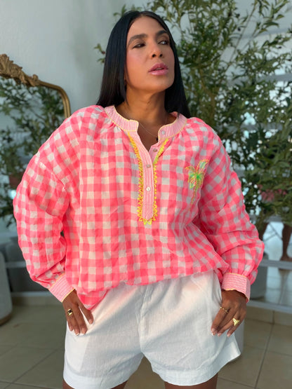 The Palm Luxe Oversized Gingham Blouse (Blusòn Oversized) Neon Multicolor (SOLD OUT GRACIAS)
