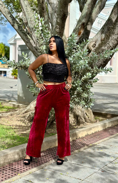 Iana Burgundy Velvet Spandex Cargo Pants