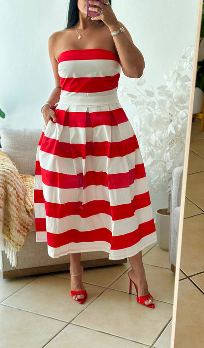 Red and White Tube Midi Dress