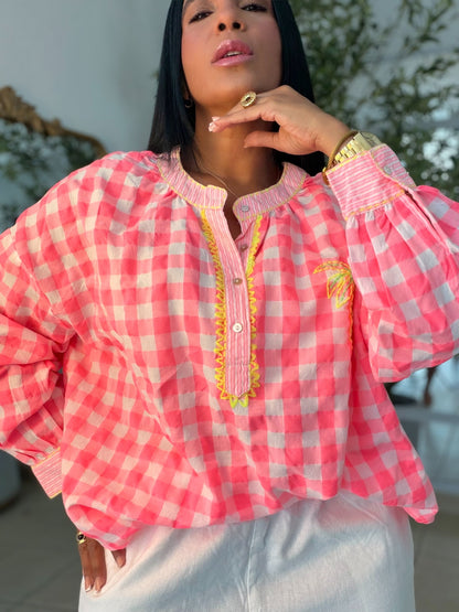 The Palms Luxe Oversized Gingham Blouse (Blusòn Oversized) Neon Multicolor