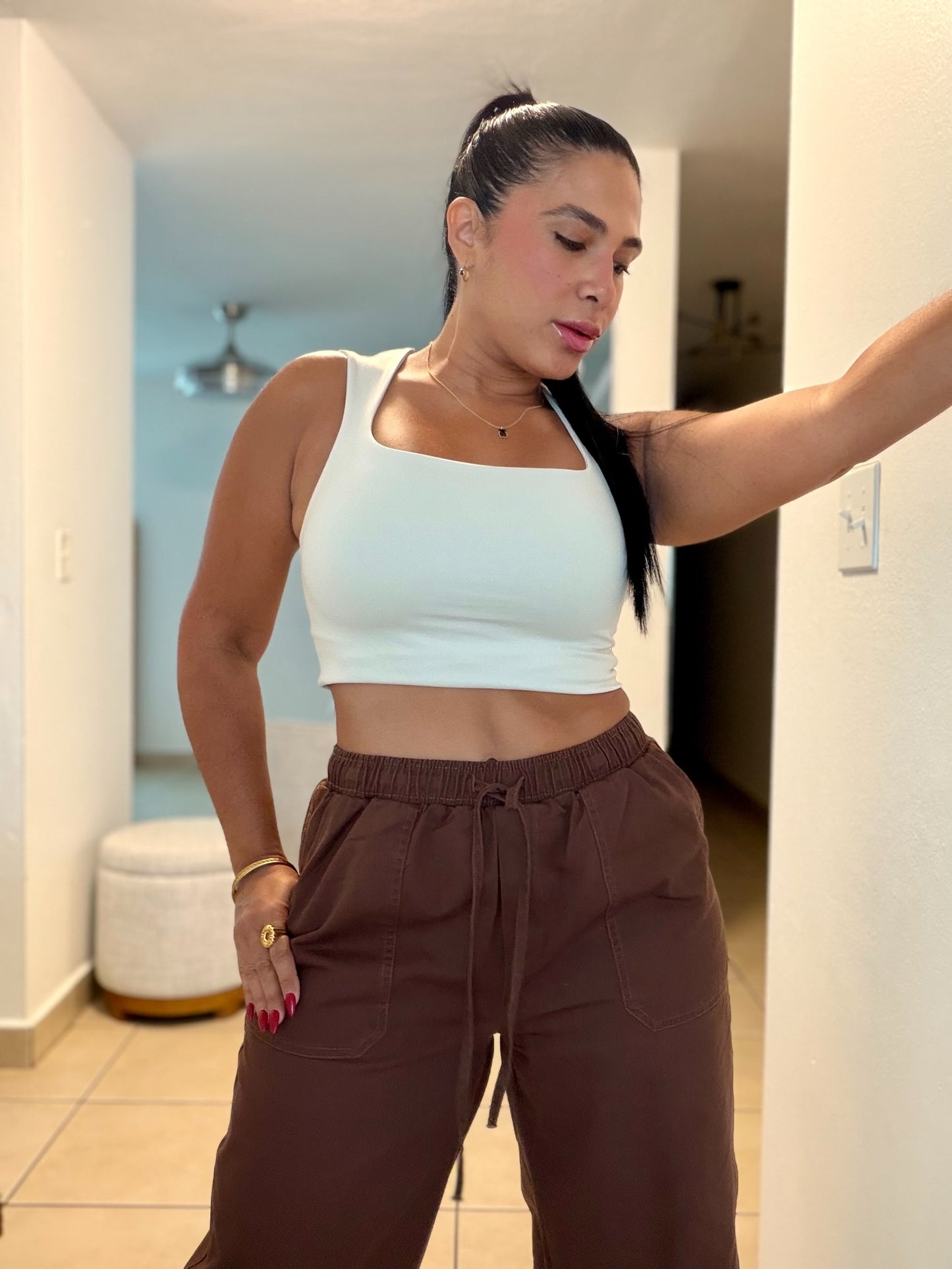 Choco Brown Baggy Spandex Barrel Pants With Pockets (puesto small)