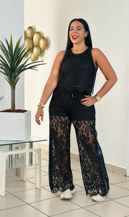 Septiembre Spandex Black Lace and Denim Details Pants Set