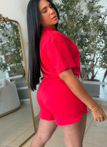 Rojo Red De lujo Oversized Top and Shorts Spandex Sporty Set