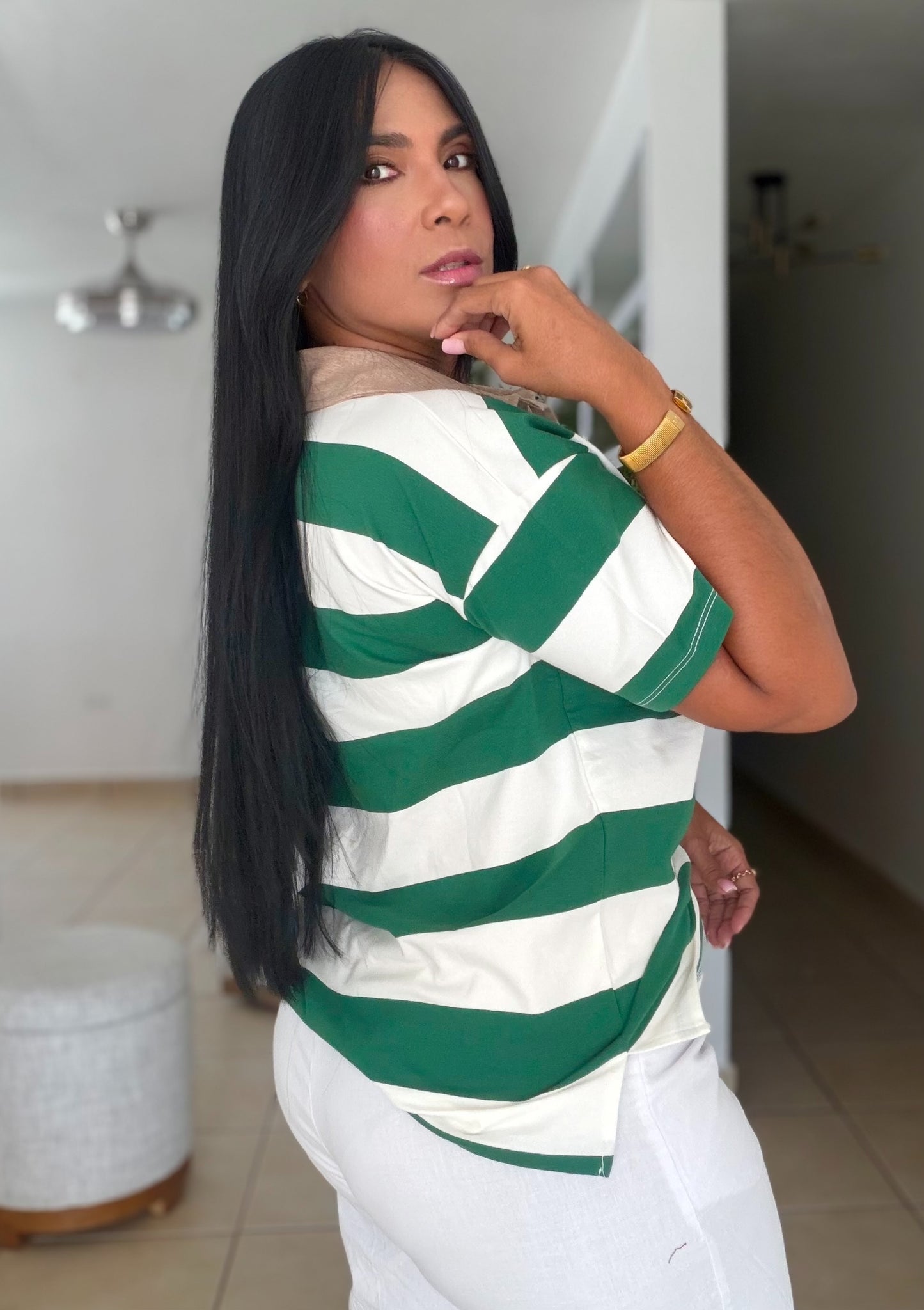 Hunter Green and White Luxe Spandex Mega Premium Striped Polo Shirt (SOLD OUT)