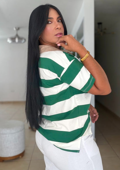 Hunter Green and White Luxe Spandex Mega Premium Striped Polo Shirt (SOLD OUT)