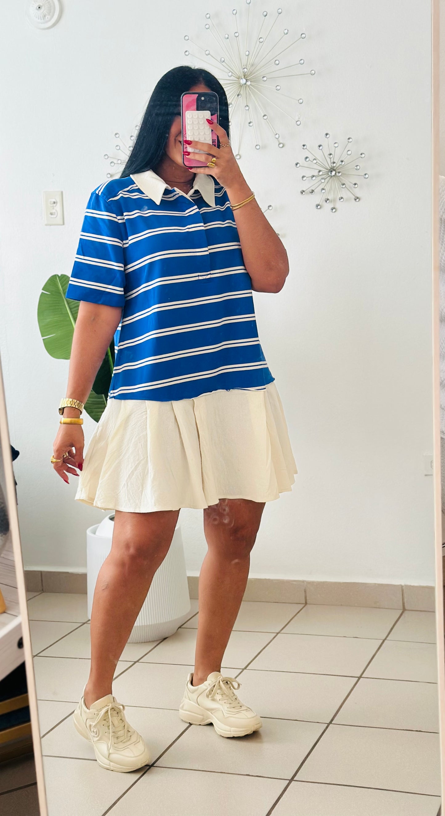 Faith Oversized Polo Dress (Blue and Beige)