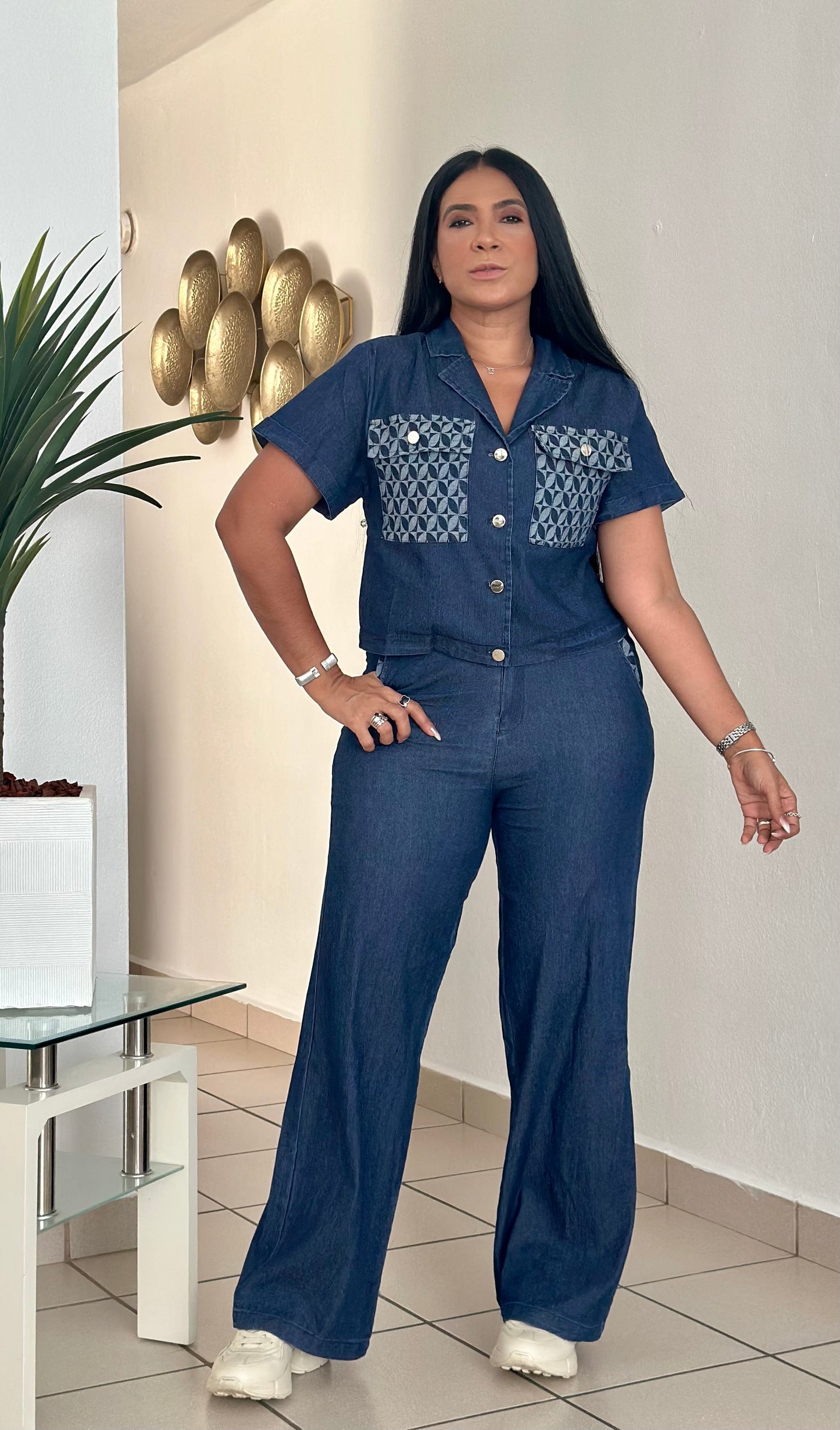 El Perfecto Denim Blue Mega Spandex Top and Pants Set