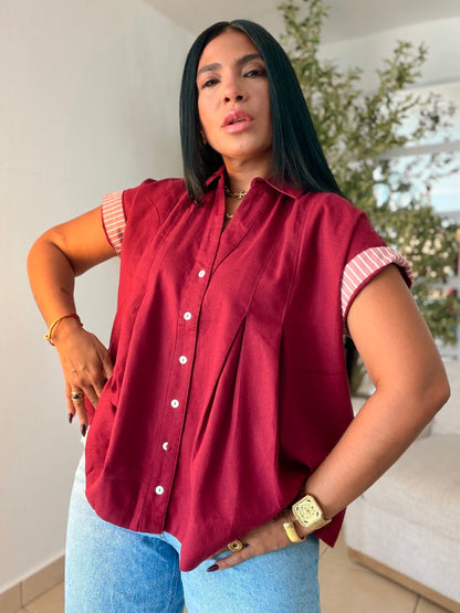 Luxe Red Wine Linen Oversized Blusòn (mangas se usan de dos formas) Rojo Wine(SOLD OUT GRACIAS)