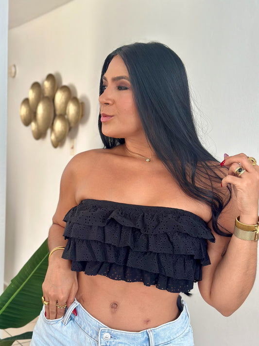 Black Spandex Ruffle Crop Top (Bien cómoda y expandible total)