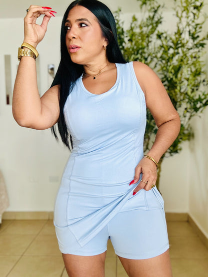 Sky Blue Spandex Premium Sporty Dress (tiene pantalón integrado y control de abdomen y bra integrado con pads)