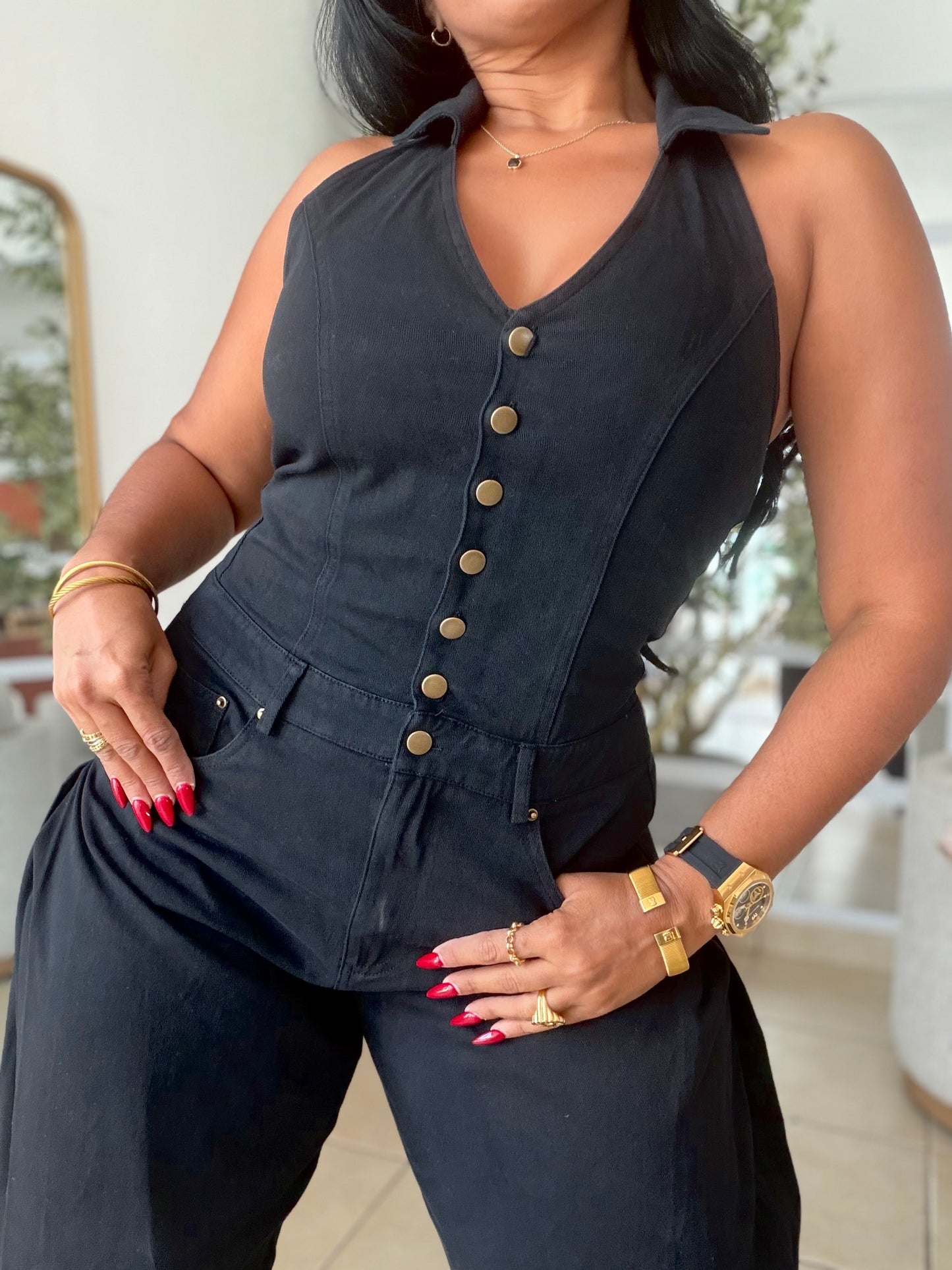 El Blacky Black Spandex Denim Vest Jumpsuit (tiene bolsillos)