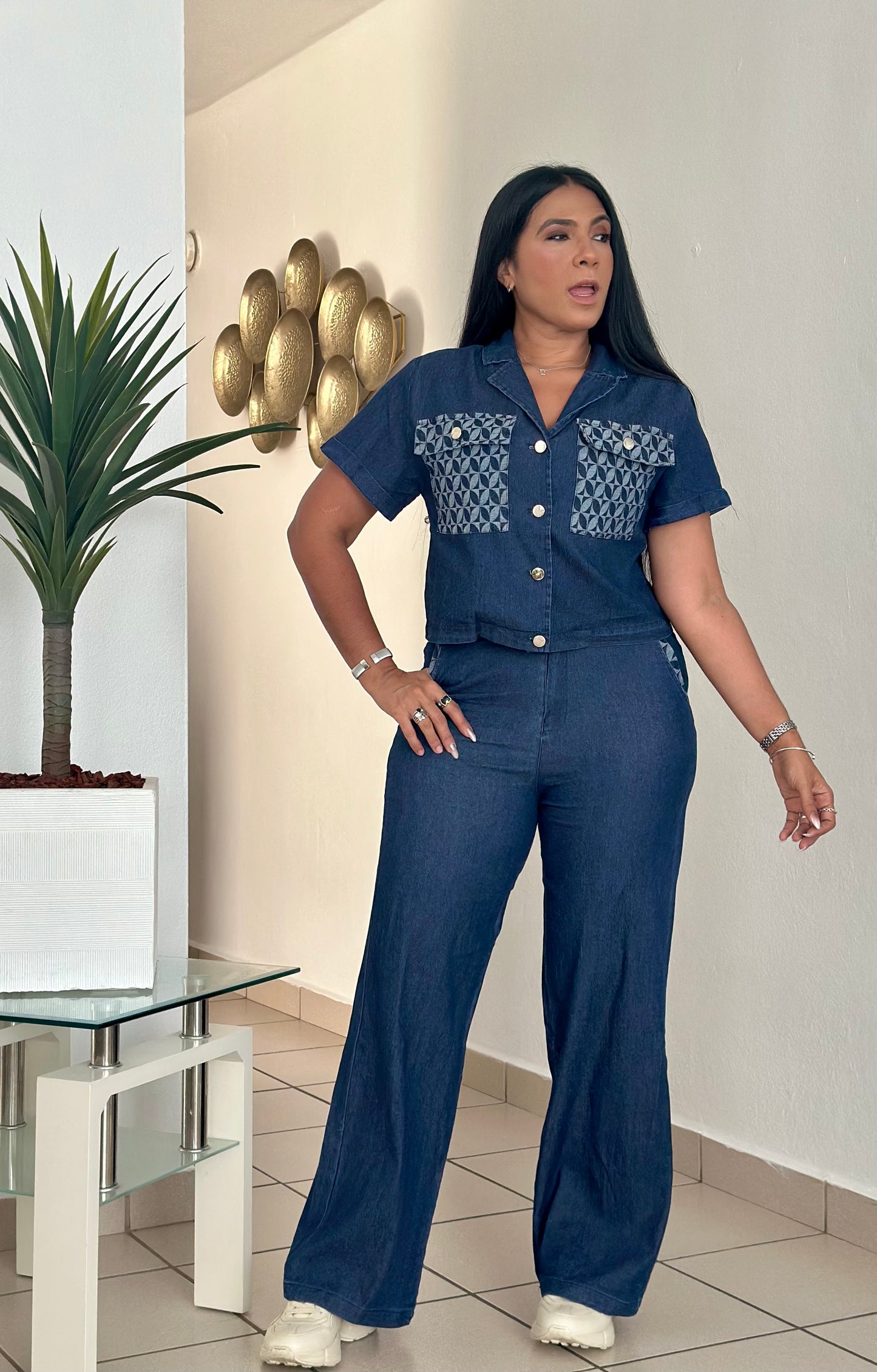 El Perfecto Denim Blue Mega Spandex Top and Pants Set