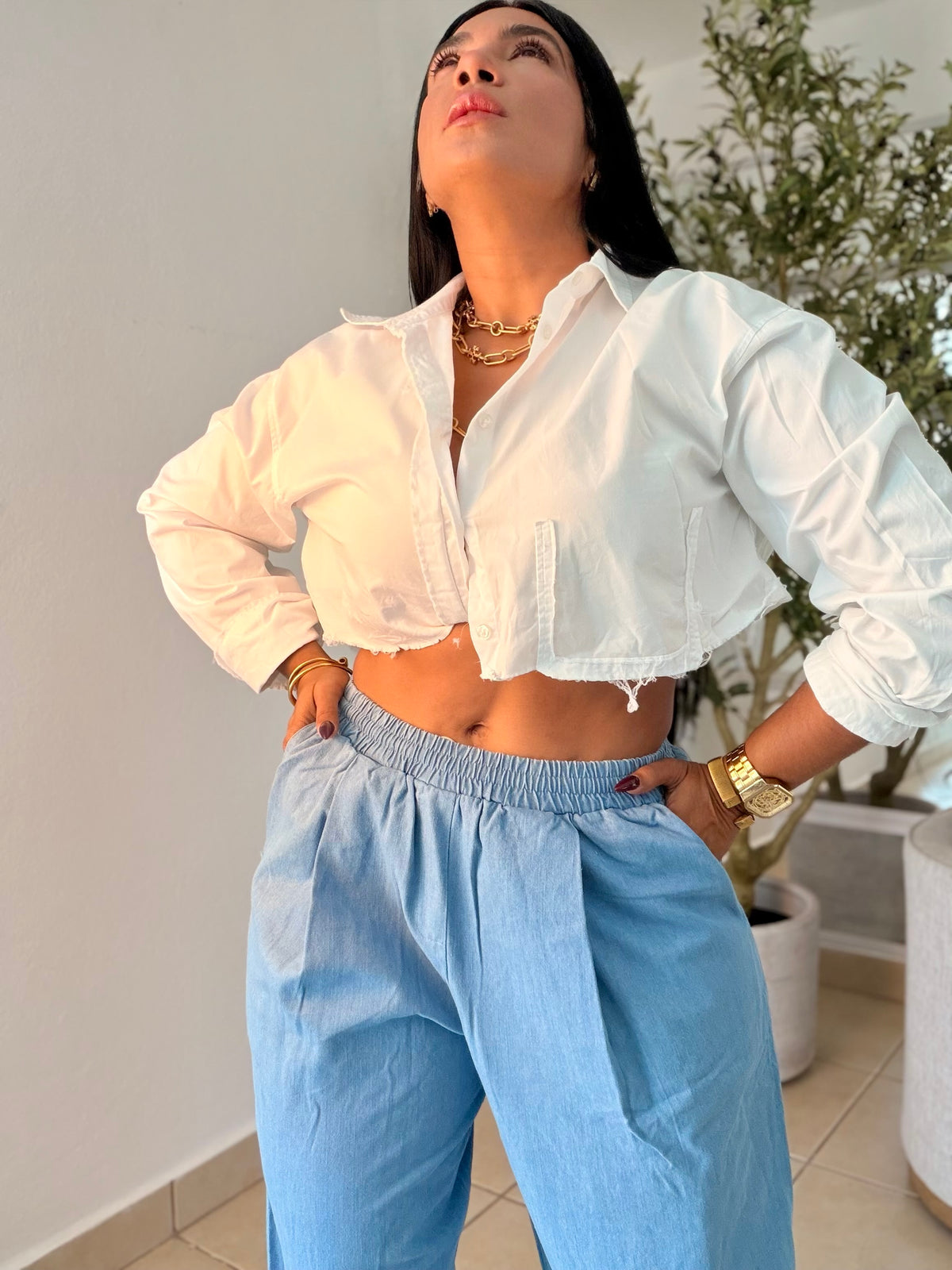 Oh Yeah! Light Denim Blue Baggy Wide Leg Spandex Pants! Esto es belleza! Tiene bolsillos