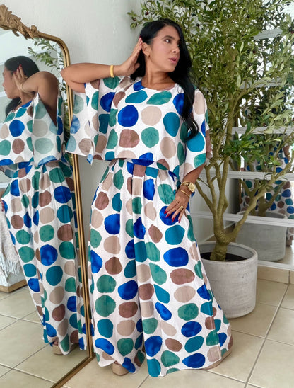 Polka Dots Spandex Palazzo Pants and Top Set Blue Multi de Lujo (tiene bolsillos)SOLD OUT GRACIAS