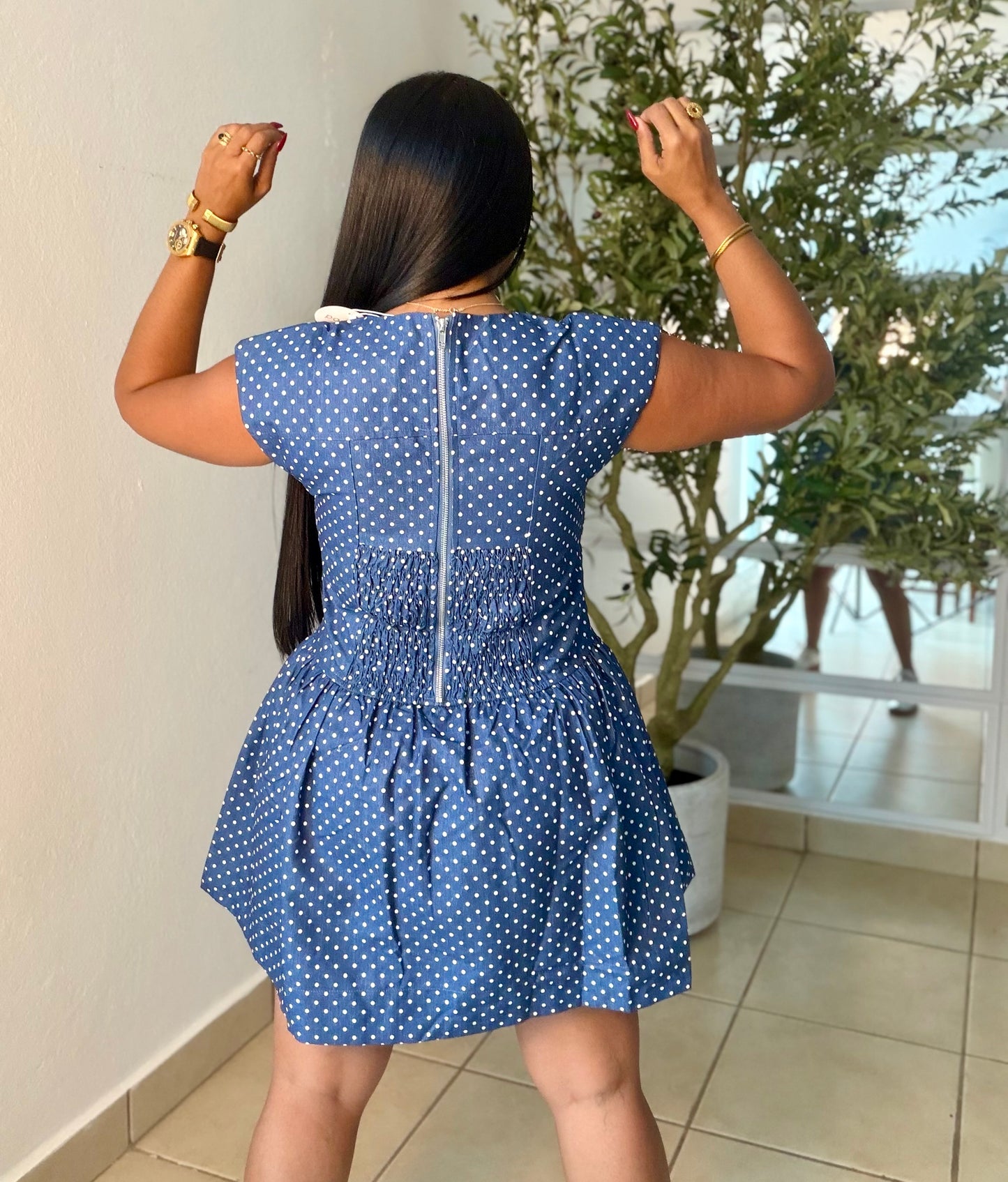 Denim Blue Mini Polka Dots Spandex Dress Blue.  Tiene bolsillo removible (SOLD OUT GRACIAS)