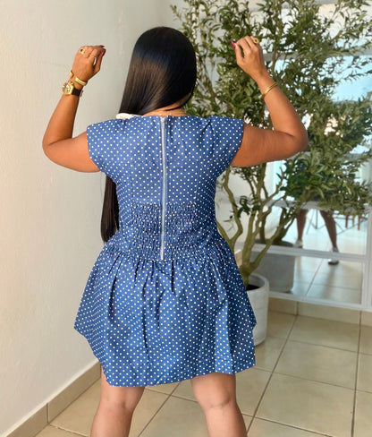 Denim Blue Mini Polka Dots Spandex Dress Blue.  Tiene bolsillo removible (SOLD OUT GRACIAS)