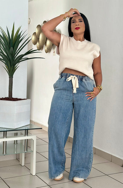Wide Leg Spandex Blue Denim Pants