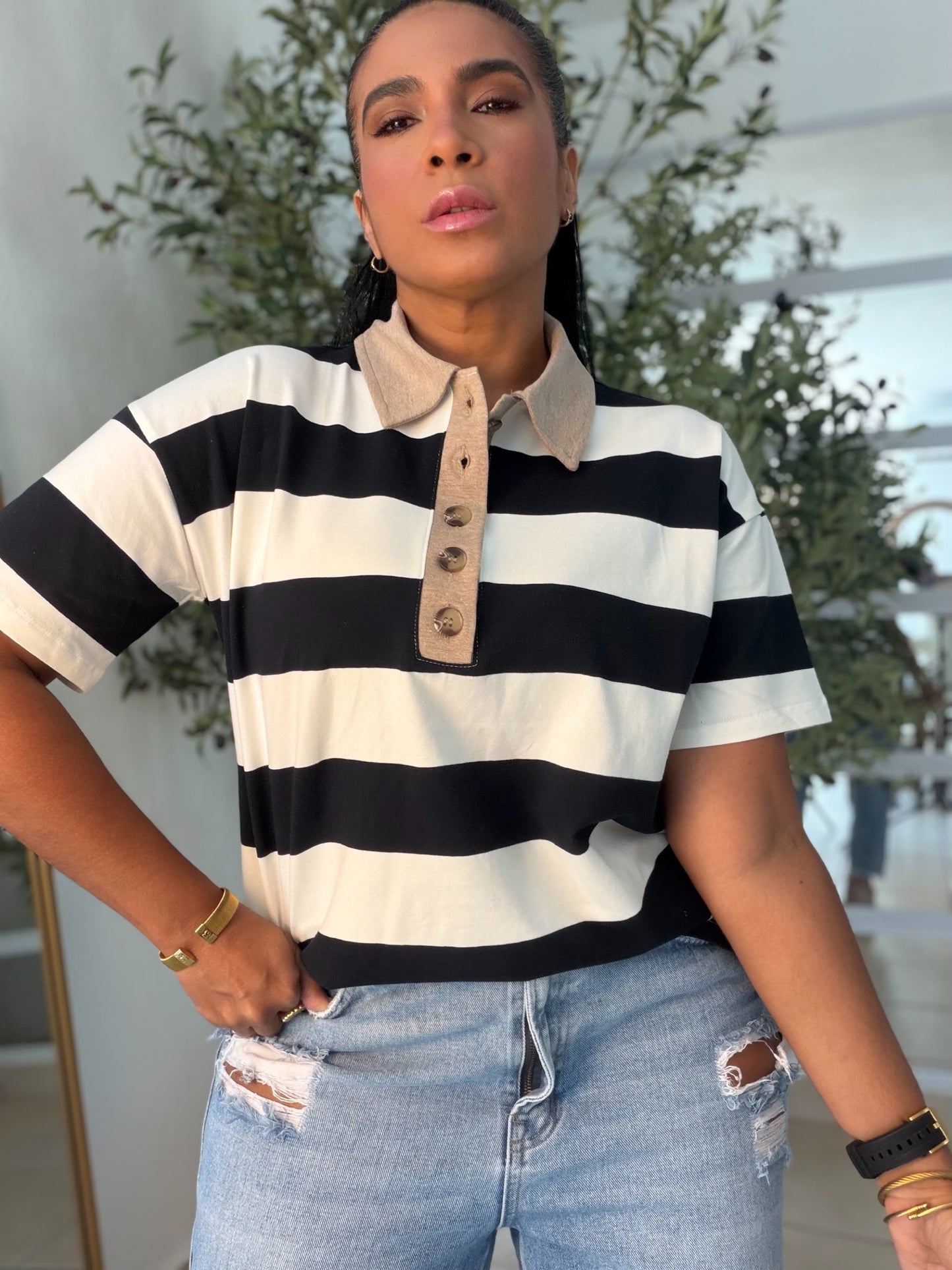Blacky Black and White Luxe Spandex Premium Striped Polo Shirt (camisa con lìneas color negro)