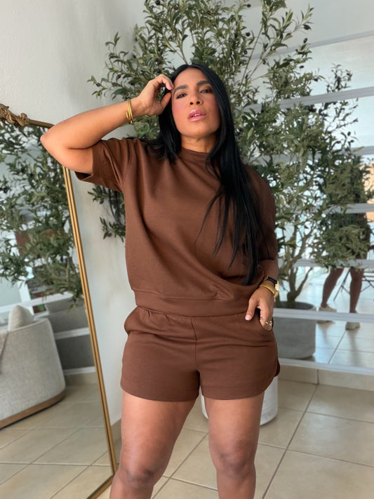 Brown De lujo Oversized Top and Shorts Spandex Sporty Basic Set( color marròn) (SOLD OUT GRACIAS)