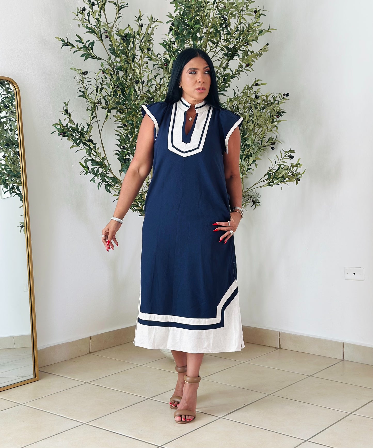 De lujo Ana y Blue Linen Spandex Midi Dress con bolsillos