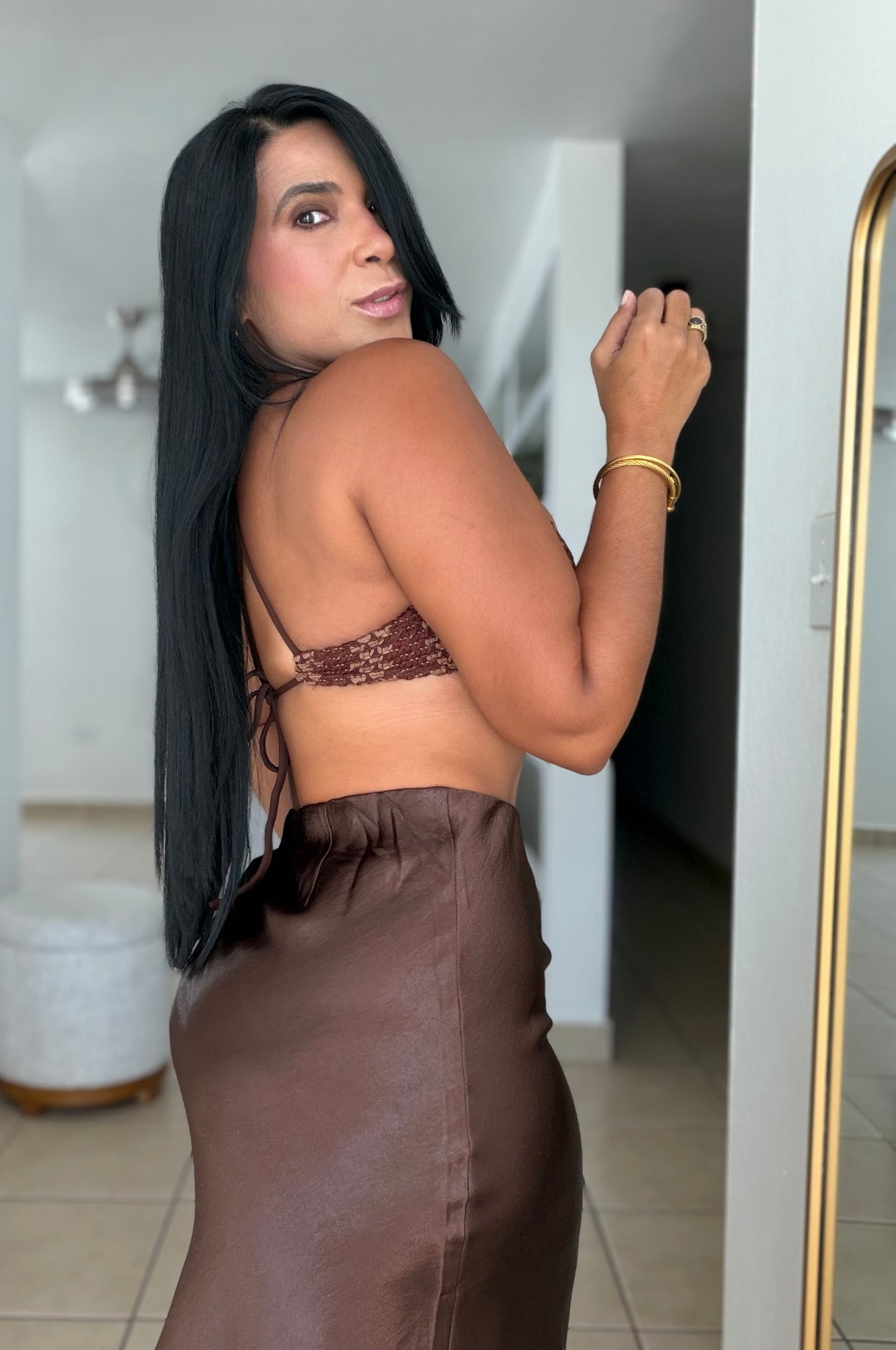 Texas Choco Brown Silk Spandex Midi Skirt (SOLD)