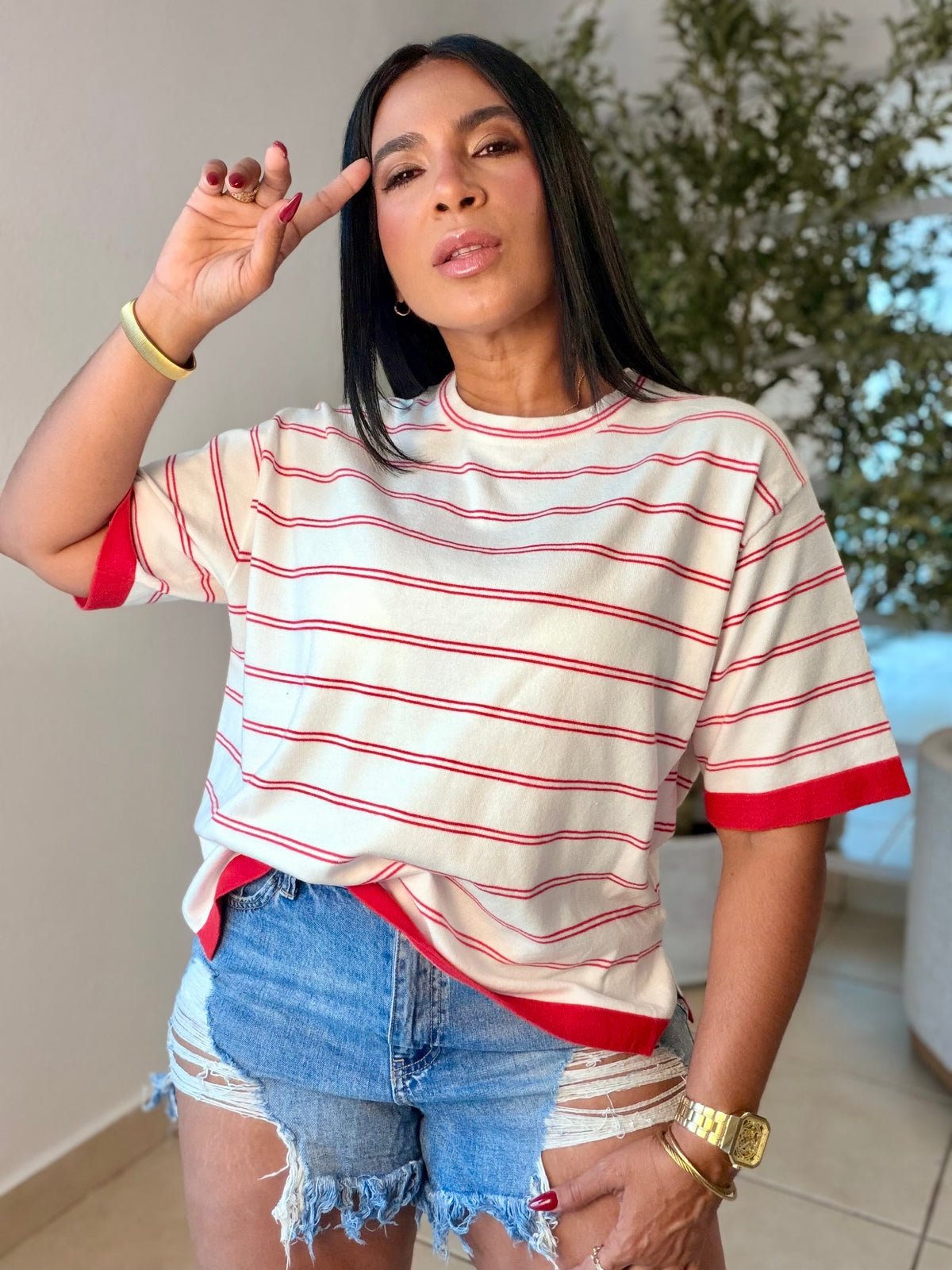 White and Red  Striped (lìneas) Oversized Premium Top Para todo el Año