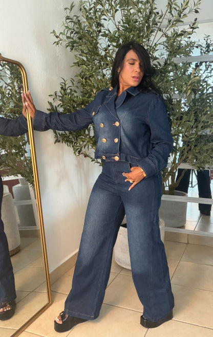 Set Denim Blue  De Top Jacket y Mahòn. Todo es bien expandible. Incluye correa (small me queda grande) son tres piezas (SOLD OUT GRACIAS)