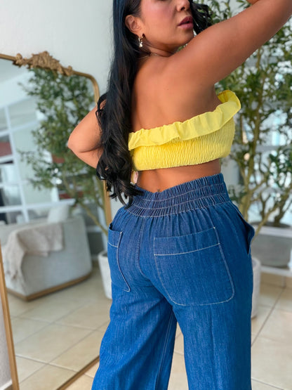 Denim Blue Wide Leg Spandex Jeans (tiene bolsillos, bien expandible y de talle alto) puesto small