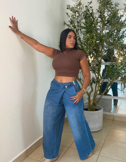 Vbrant Asimètrico Spandex Wide Leg Jeans Blue