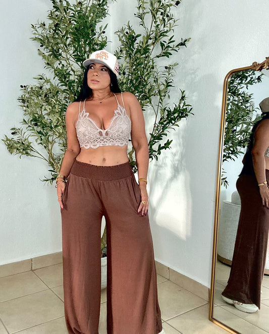 Brown Cotton Spandex Wide Leg Palazzo Pants