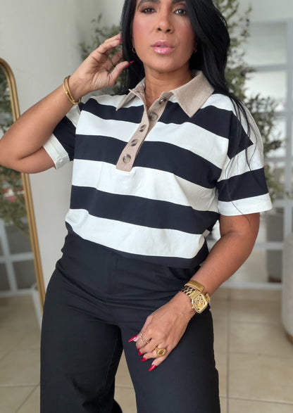 Blacky Black and White Luxe Spandex Premium Striped Polo Shirt (camisa con lìneas color negro) SOLD OUT