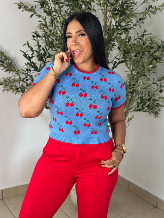Red/Blue Cherry Spandex Top ( Mega bella, liviana, cómoda y expandible)