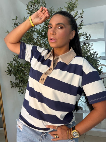 Navy Blur  and White Luxe Spandex Premium Striped Polo Shirt (camisa con lìneas color azul navy) De lujo!