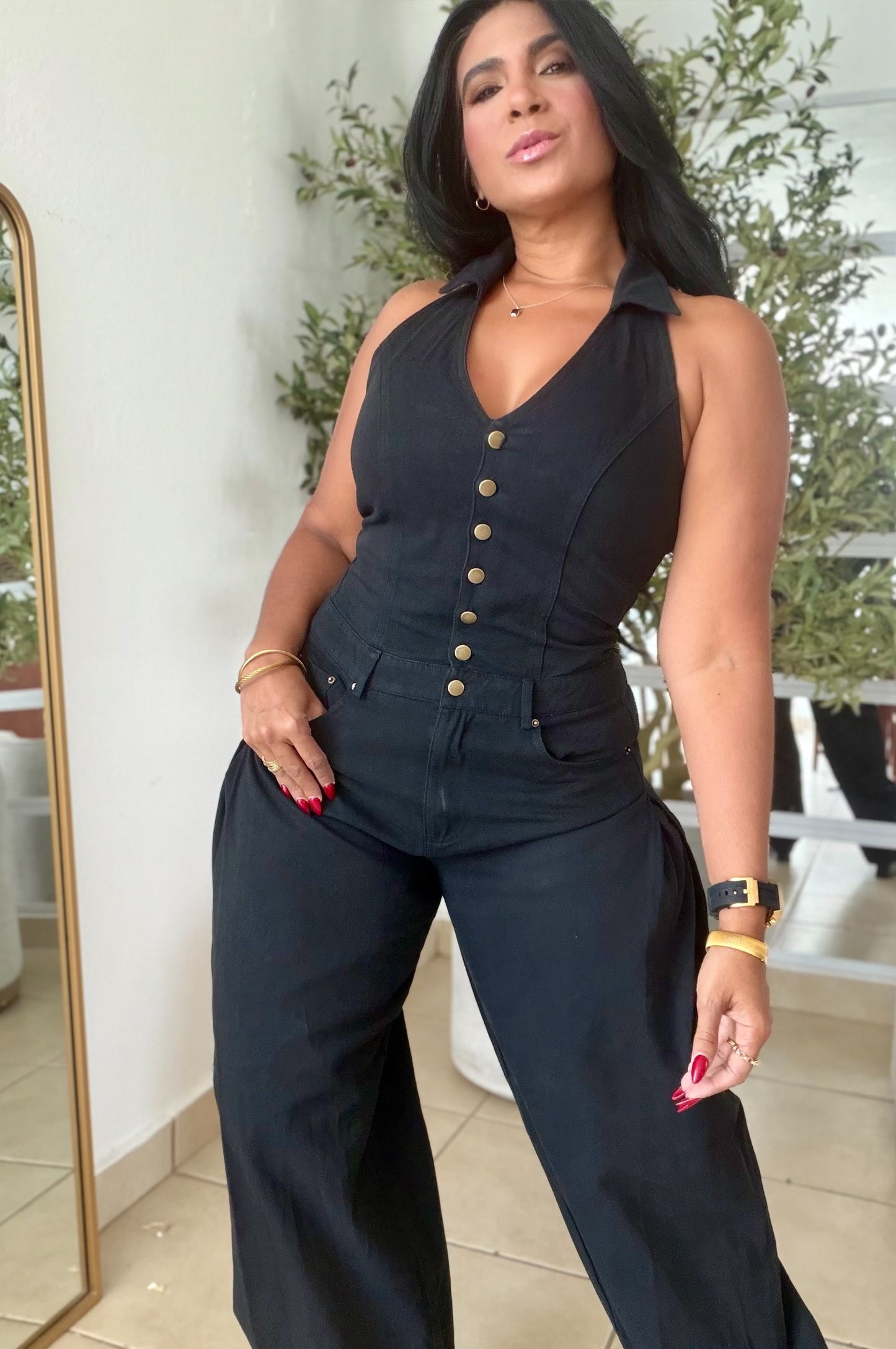 El Blacky Black Spandex Denim Vest Jumpsuit (tiene bolsillos)