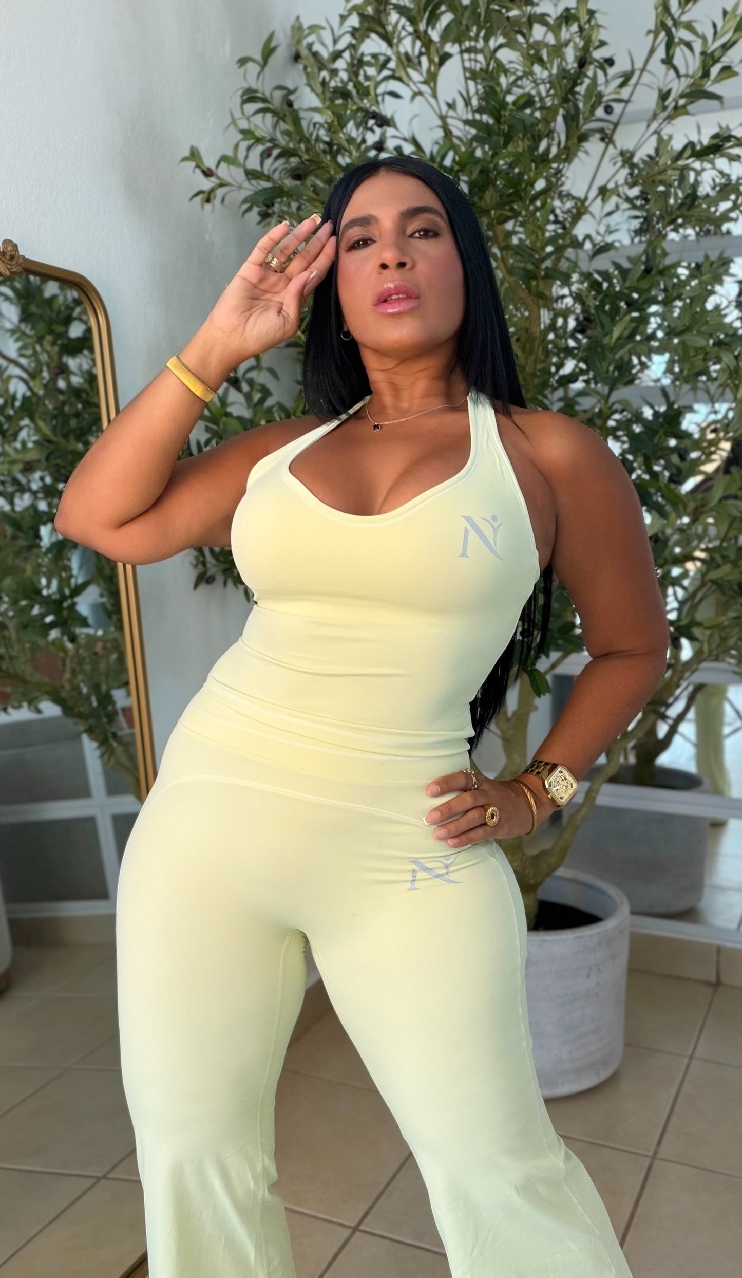 Nüra Lemon Green Spandex Sporty Top and Wide Leg Pants Set
