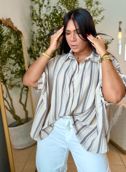 Atarah Beige Taupe Vertical Striped Oversized Blusón (único color) SOLD