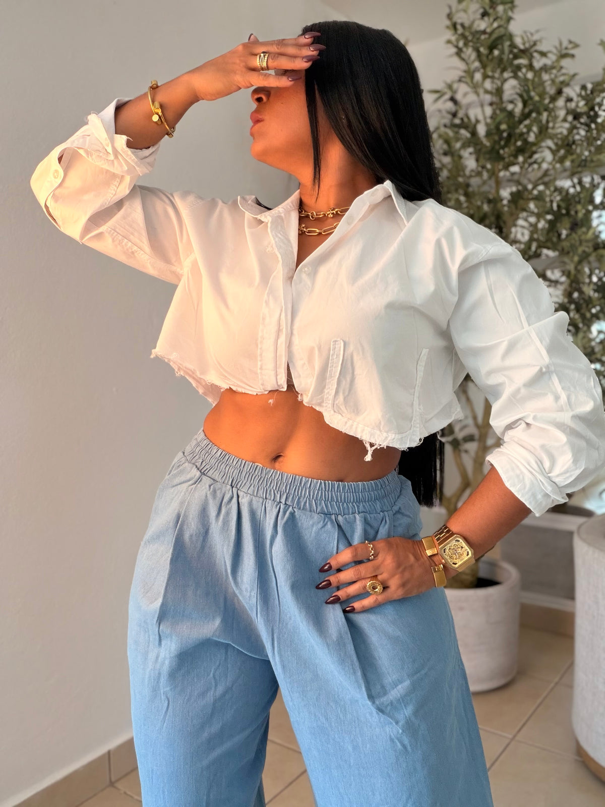 Oh Yeah! Light Denim Blue Baggy Wide Leg Spandex Pants! Esto es belleza! Tiene bolsillos