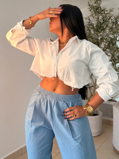 Oh Yeah! Light Denim Blue Baggy Wide Leg Spandex Pants! Esto es belleza! Tiene bolsillos